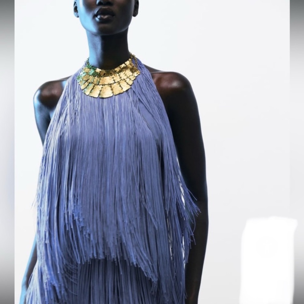 ZARA Blue Fringe Halter Mini Dress NWT - Picture 5 of 15